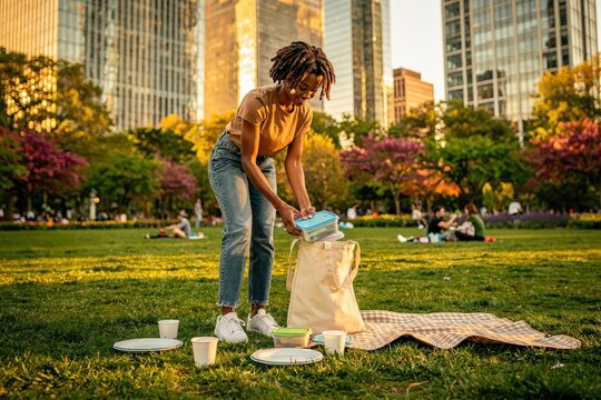 Joyful Young Woman Preparing Picnic in Sunlit Urban Park, Surrounded by Skyscrapers and Blooming Trees, Warm Golden Hour Light, Vibrant Green Grass and Plaid Blanket, Capturing Leisure and Contentment