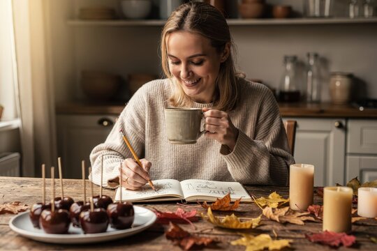 Smiling Woman Enjoying Cozy Autumn Afternoon in Rustic Kitchen, Warm Candlelight and Soft Sweater, Apples and Leaves on Wooden Table, Earthy Tones, Capturing Comfort and Creativity