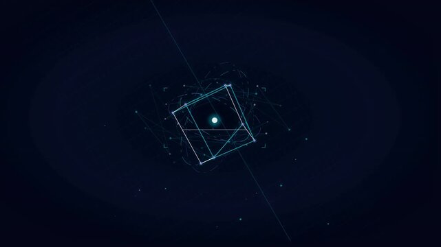 Rotating glowing wireframe cube with orbital particle rings on dark background
