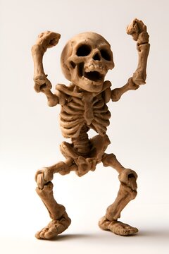 A playful skeleton model with arms raised in excitement against a white background