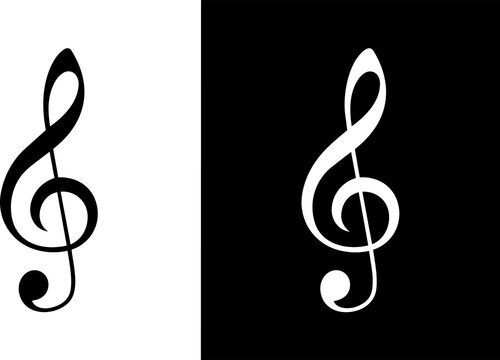 Treble clef musical notation symbol presented in black and white styles