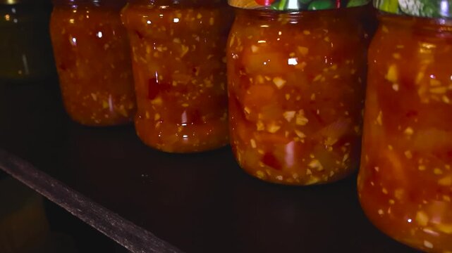 Rows of glass jars filled with homemade preserves, possibly a spicy tomato and garlic sauce, are neatly arranged on a dark shelf in a cellar, showcasing traditional food preservation methods