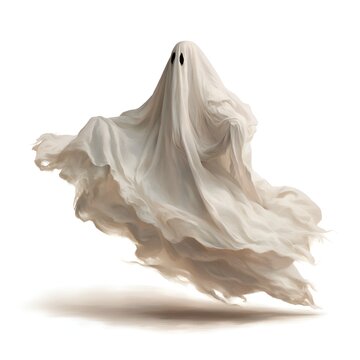 Ethereal white ghost floating with flowing fabric against a white background
