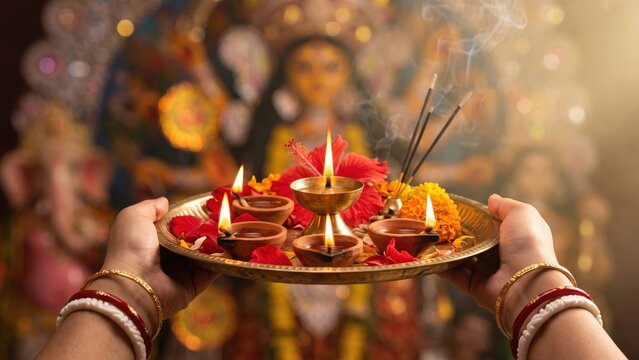 Bengali Aarti Thali Close-Up &ndash; Hands Holding Brass Lamp Before Goddess Jagaddhatri.