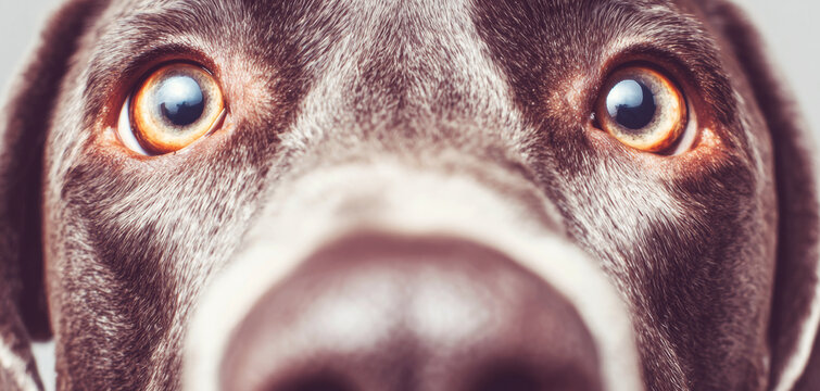 Chocolate Labrador dog's face up close, its big eyes and snout prominent, capturing pet curiosity and loyalty