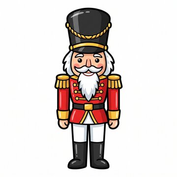 Cartoon Christmas nutcracker soldier toy with tall black hat, red and gold uniform and white beard standing upright