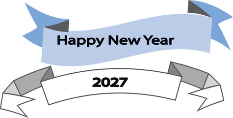 Two ribbon banners with new year greetings and date against a white background © SHARMIN