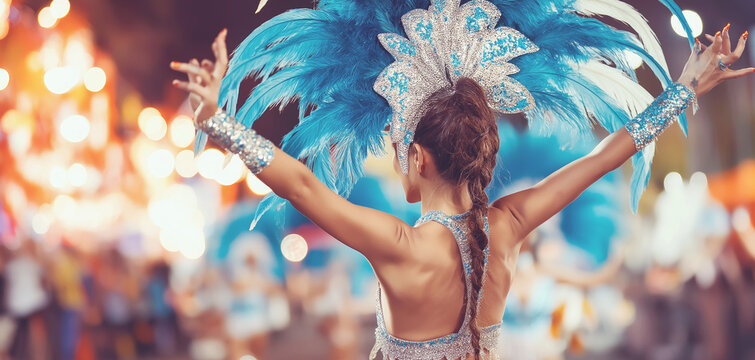 Performer in a colorful carnival costume dancing with arms raised, celebrating cultural traditions and festive street parades