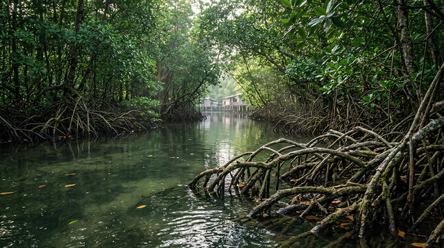 Quiet mangrove waterway winding through dense tropical forest with exposed roots and distant stilt houses