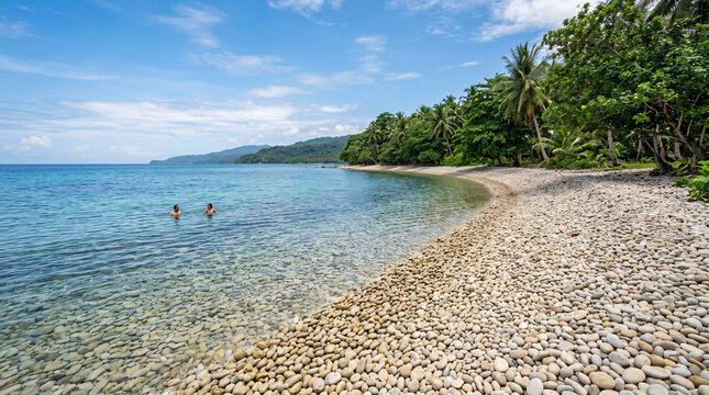 Two swimmers enjoying clear blue water beside a secluded tropical pebble beach and palm forest