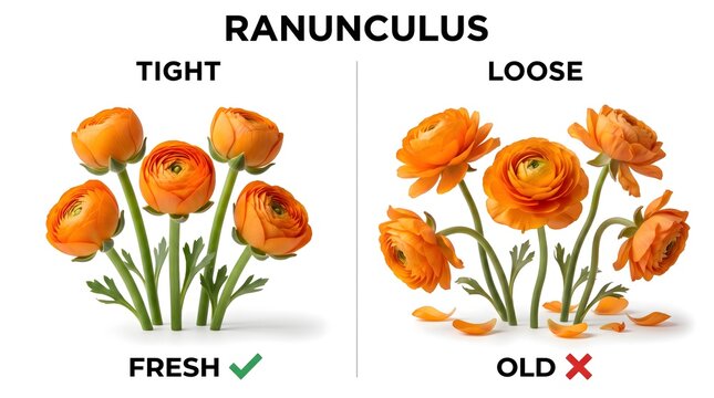 Educational comparison chart showing differences between fresh tight and old loose orange ranunculus flower bouquets with botanical freshness selection