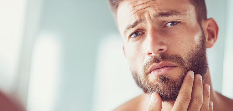 Concerned man touching beard, checking facial skin, experiencing a problem with grooming or growth