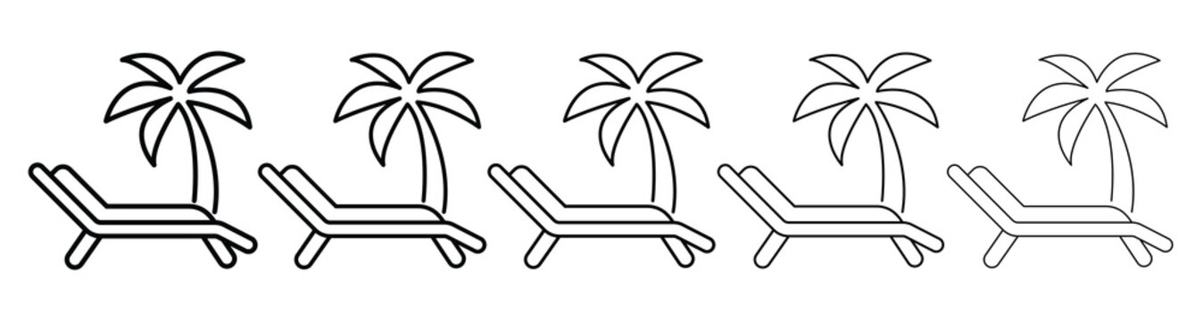 Beach lounger and palm tree outline icons set