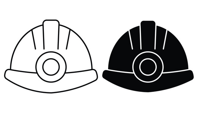 A set of two vector icons showing a mining helmet: one as a clean outline, the other as a filled solid silhouette. Ideal for UI, safety warnings, and industrial applications.