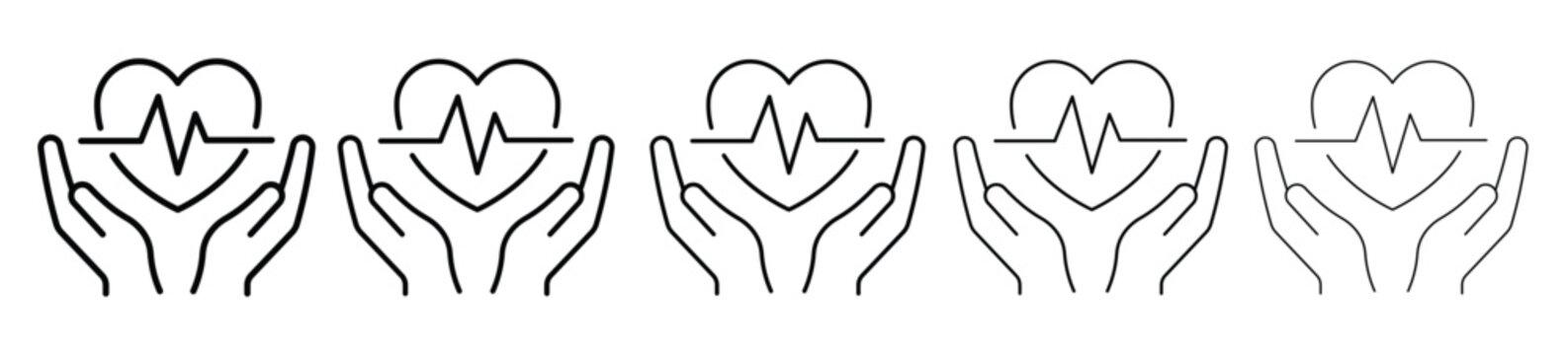 A collection of outline icons showing hands holding a stylized heart with a cardiogram line, symbolizing care.