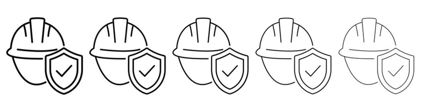 Minimalist line-art vector illustration of safety hard hats with checkmark shields, representing certified protection.