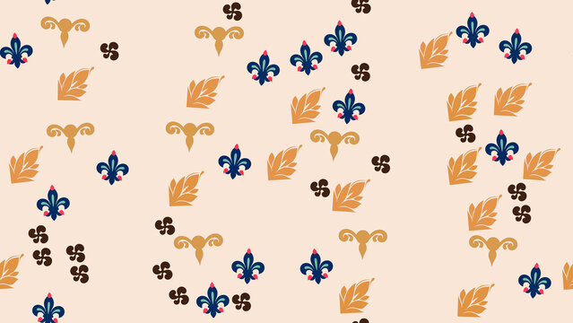 Seamless pattern with fleur de lis and leaf motifs