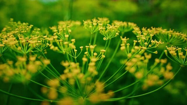 Soft focus captures delicate yellow blossoms in green field. Fine stems branch out with tiny flowers, softly glowing. Faint bokeh enhances natural garden atmosphere, calm and peaceful