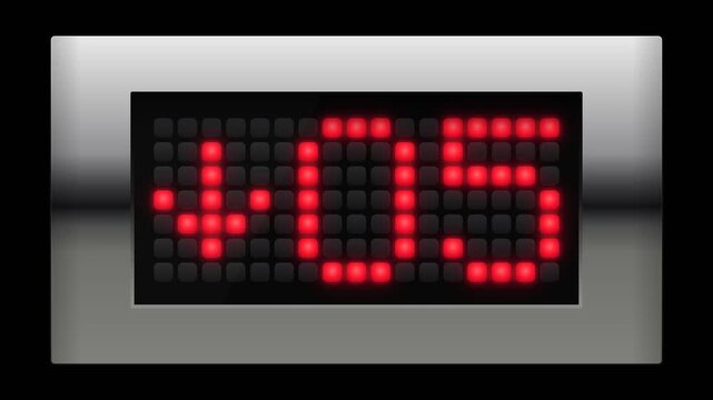 Static close up red LED elevator display showing level five downward arrow lift 05 down