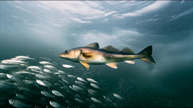 Predatory fish hunts a school of smaller fish underwater