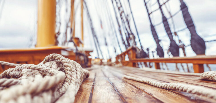 Old sailing ship deck with coiled rope, showing wooden planks and intricate rigging against a bright sky