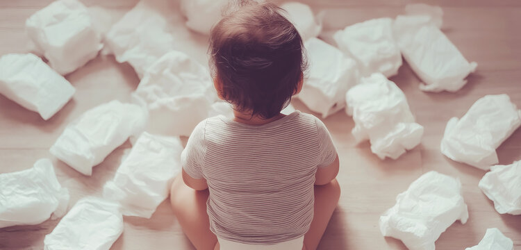 Baby sitting on floor surrounded by many used diapers, reflecting the reality and mess of infant care