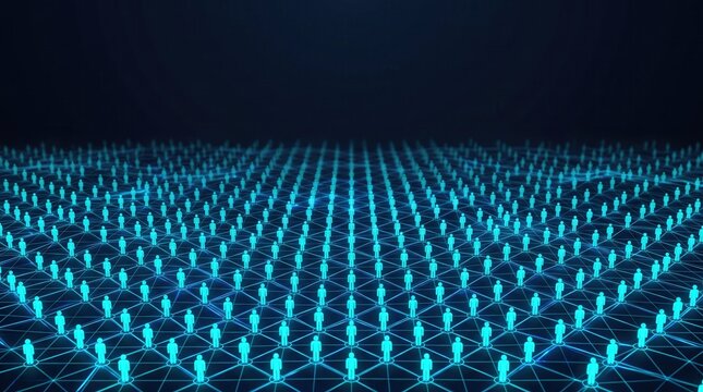 Glowing cyan human silhouettes on a digital data grid, featuring global networking and social connectivity concept for artificial intelligence workforce and business technology marketing.