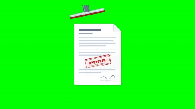 Animation of a wooden stamp pressing red approved marks on white business documents on a chroma key green background. Ideal for finance and legal corporate presentations.