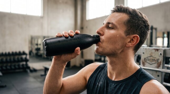 Sweaty male athlete drinking from a black water bottle in an industrial gym, capturing determined fitness motivation and hydration refreshment for sports nutrition and wellness advertising.
