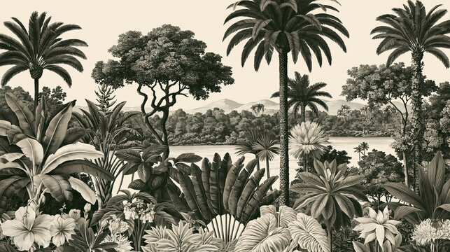 Vintage style engraving illustration of tropical jungle landscape with palm trees and river
