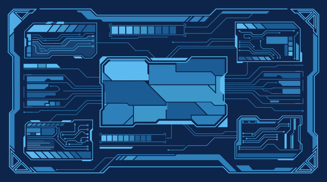 Futuristic blue hud interface with digital circuit patterns and data frames