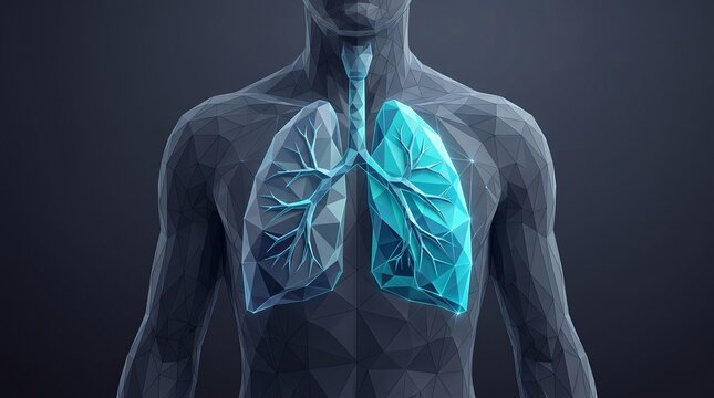 Low Poly Human Chest Anatomy Showing Illuminated Blue Lungs and Bronchial Tree, World COPD Day Respiratory Disease Awareness, Pulmonary Medicine and Breathing Health Illustration