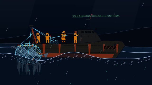 Animation of an illegal dark fishing fleet at night hauling a massive super net trapping hammerhead sharks and manta rays highlighting unregulated ocean overfishing