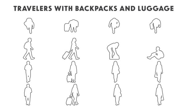 Travelers with backpacks and luggage architectural CAD symbols set with top, side, front, and back view vector line art illustrations of tourist characters for transit hub layouts