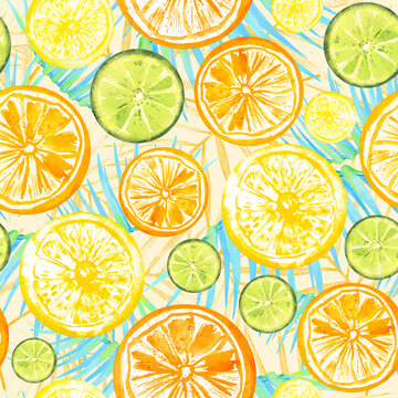 Citrus mix seamless pattern, watercolor texture
