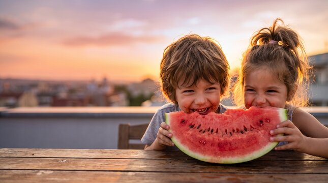 Two young cousins giggling behind a shared slice of watermelon at a family dinner on a rooftop terrace at sunset with soft space for text