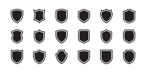 Shield emblem icon set with black silhouettes and outer outlines for security brand heraldic crests. © Natural