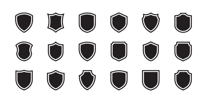Shield emblem icon set with black silhouettes and outer outlines for security brand heraldic crests.