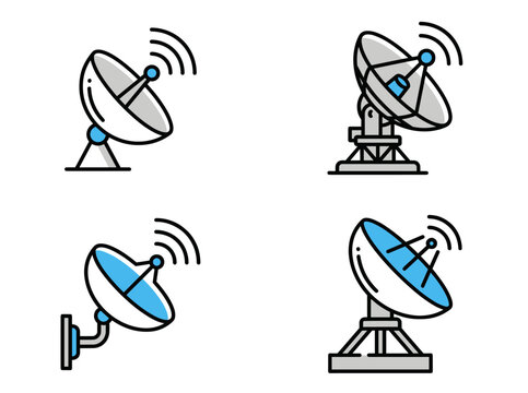 Satellite dish and radar antenna icons set for telecommunication, broadcasting, wireless network receiver, and space communication equipment