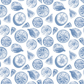 Blue lemon citrus fruits seamless pattern on white background