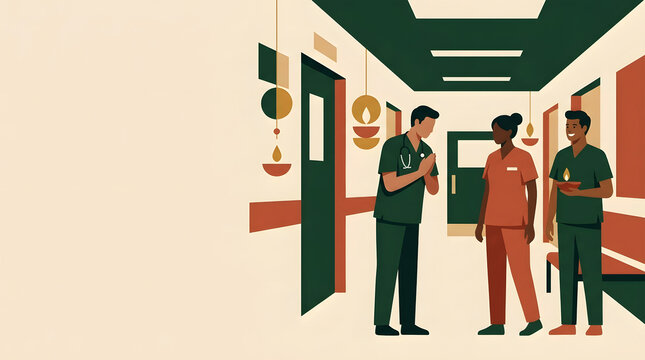 Hospital medical staff greeting each other with namaste and holding a diya in a decorated corridor during Diwali with copy space