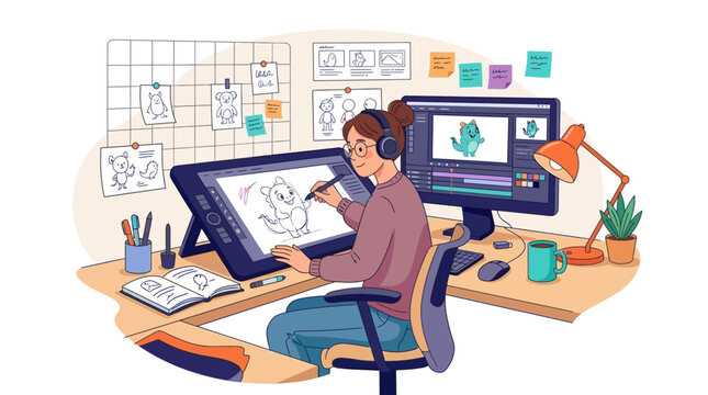A young female animator sketching a cartoon character on a digital tablet at her workspace with graphic tablet