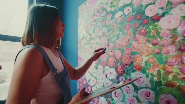 Artist paints vibrant floral scene with gentle focus. Soft pink blossoms fill canvas with lush detail. Natural light streams through window behind her