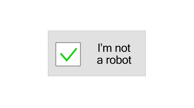 "I'm not a robot" security system animation featuring a checkmark; a security verification confirming that the user is human; interface concept; 4K video.