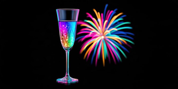 Festive bubbly drink reflects vibrant exploding fireworks against a dark background.