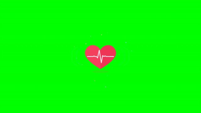 Red heart icons with white EKG lines arranged in a symmetric grid against a solid neon green background. Simple clean graphics. Ideal for health apps, wellness videos, and chroma key editing projects.