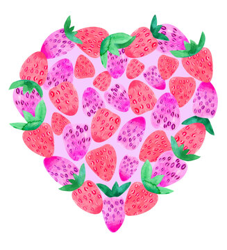 Strawberry heart watercolor hand drawn illustration isolated on white background