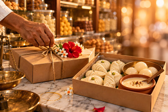 Traditional Indian confectioner hands gently tying twine around artisanal sweet box decorated with red and white flowers inside warm golden lit sweet shop