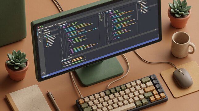 Overhead shot of a modern workspace featuring code on a computer screen and office supplies