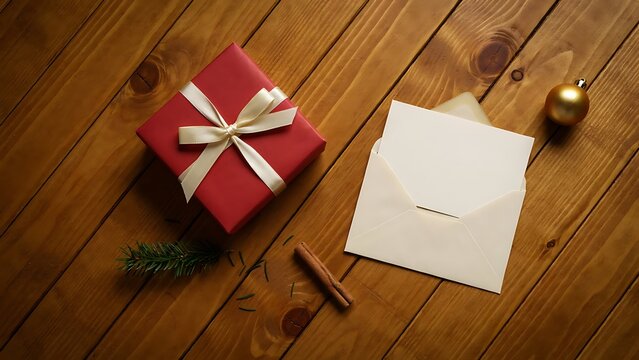 Red gift box with white ribbon next to an open envelope on a rustic wooden table with a small pine sprig, cinnamon stick, and gold ornament